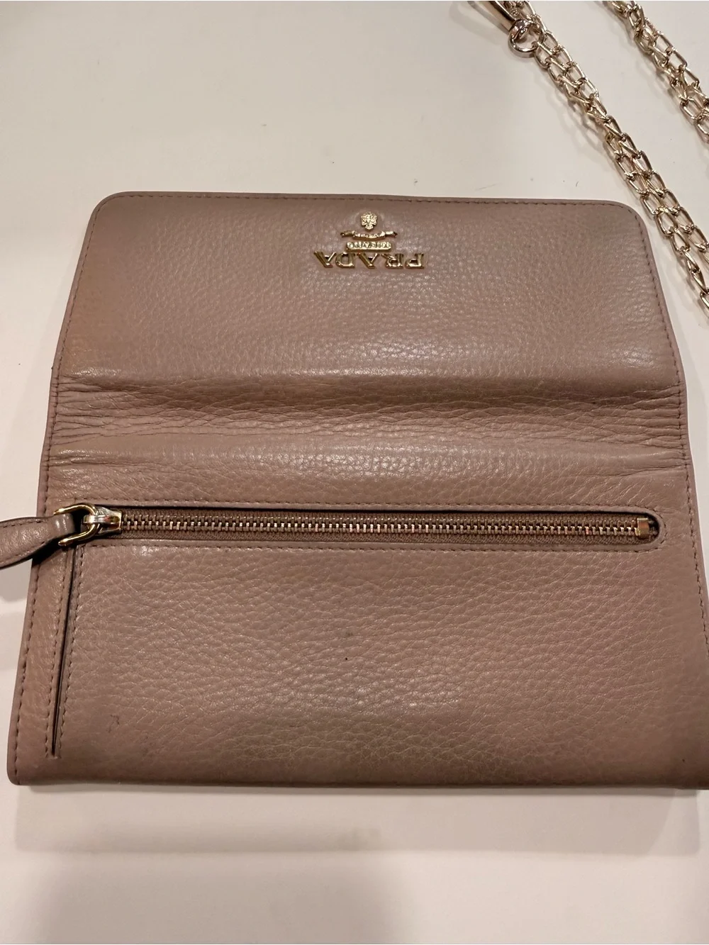 Prada Milano Vitello Grain Leather Continental Wallet Blush Pink Gold Logo